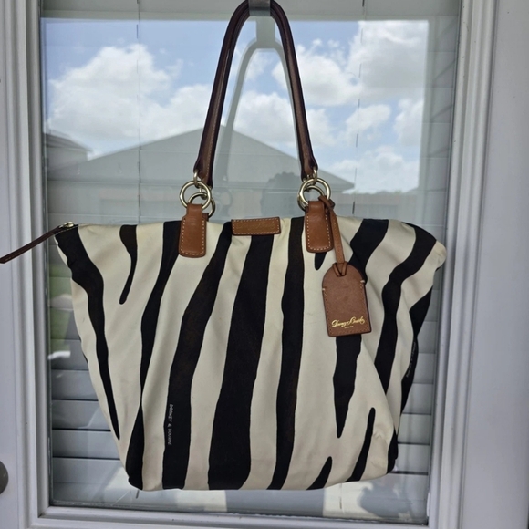 VTG Dooney & Bourke Zebra Print Tote Bag Nylon Leather Trim White Black Brown - Picture 3 of 15